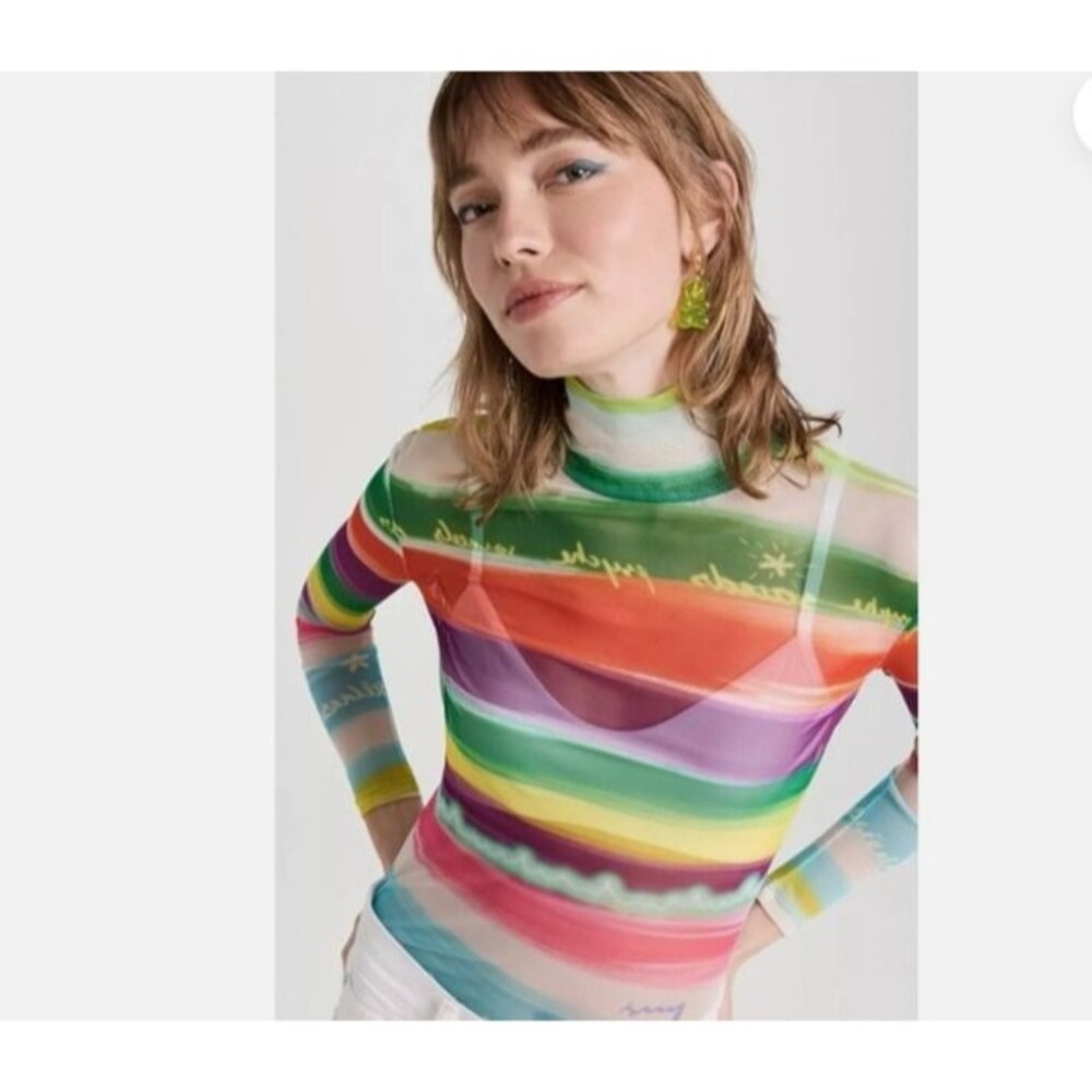 Siedres Sheer Rainbow Striped Long-Sleeve Top